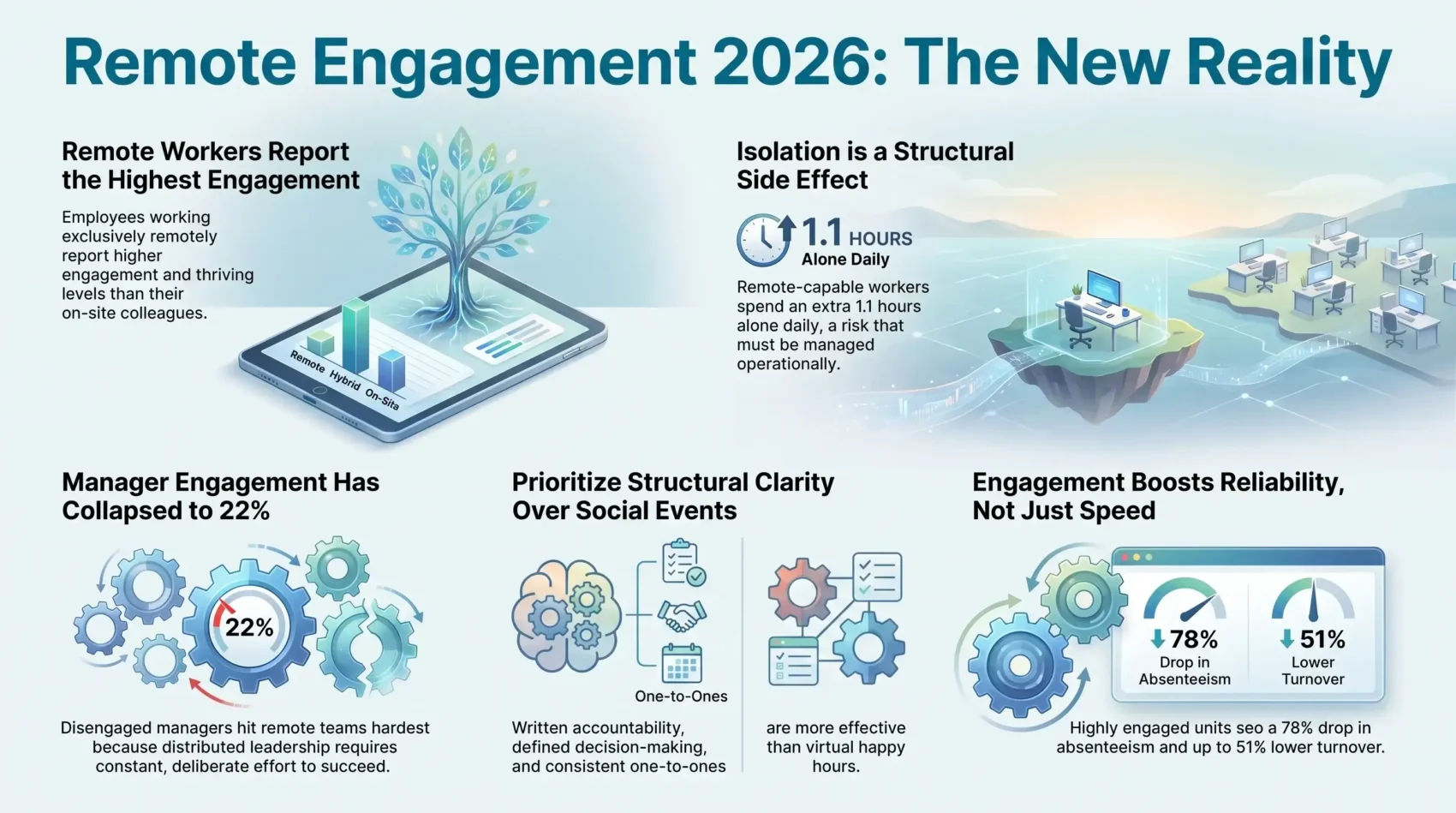 Infographic showing 2026 remote employee engagement statistics, comparing remote worker satisfaction, manager disengagement, isolation risks, and structural clarity benefits.