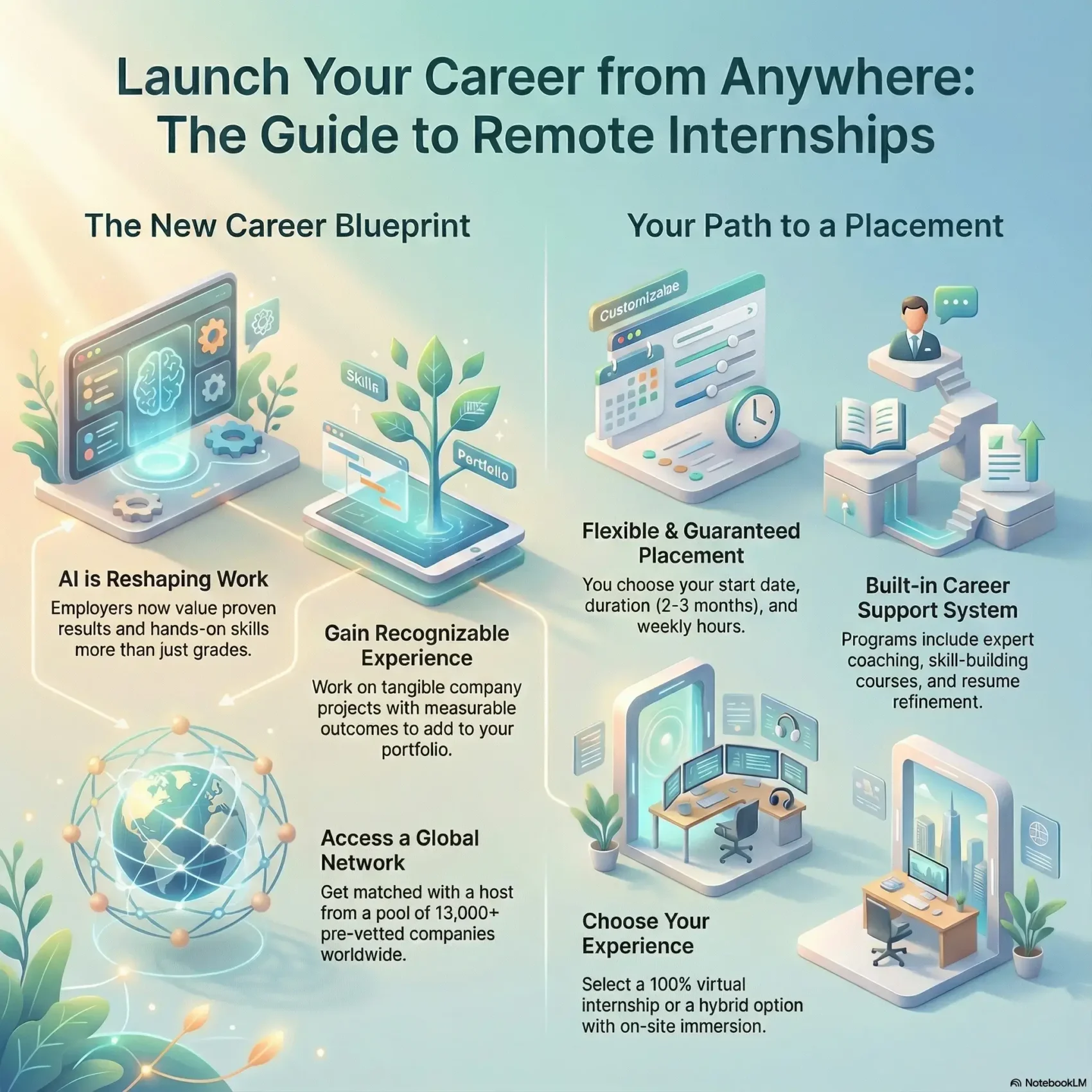 Infographic titled "Launch Your Career from Anywhere: The Guide to Remote Internships" by SmartKeys, explaining the benefits of virtual placements, career support systems, and building a global professional network.