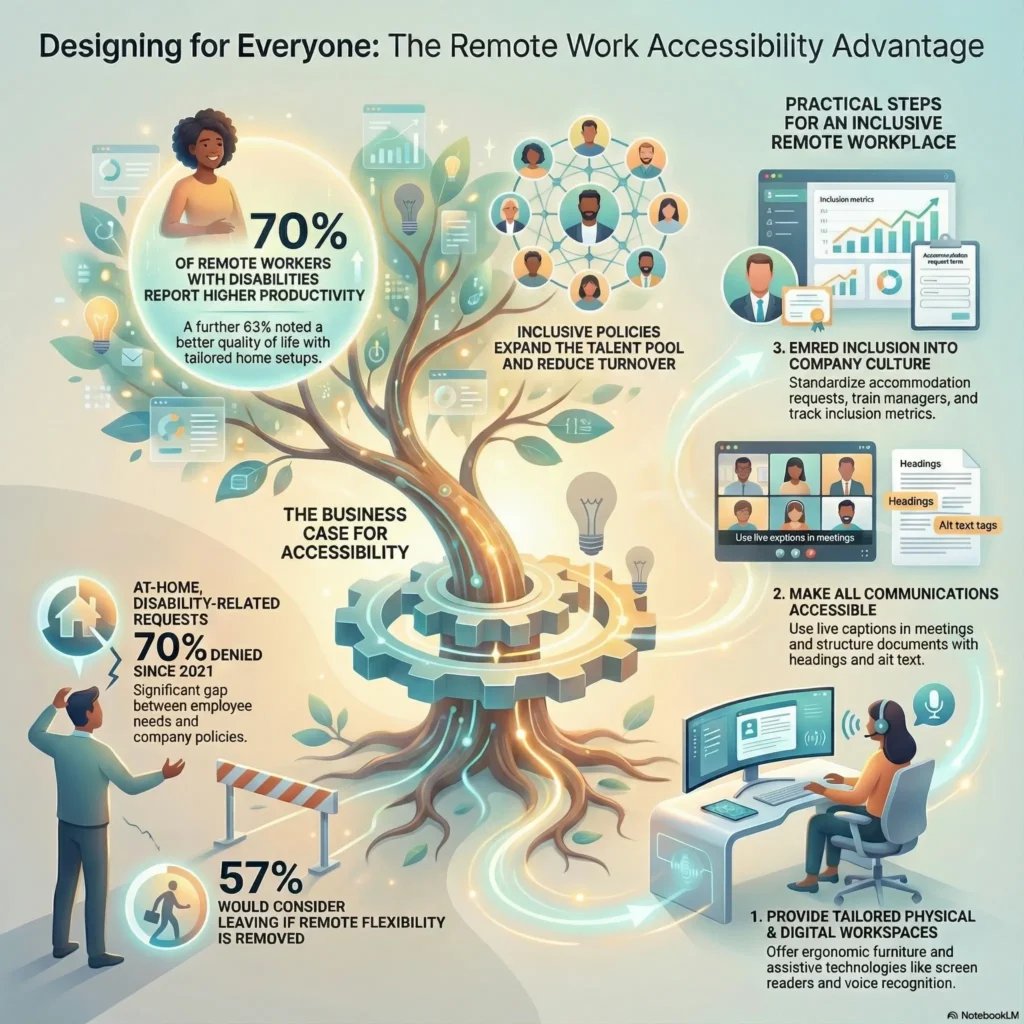 SmartKeys infographic on The Remote Work Accessibility Advantage. It illustrates the business case for accessibility with statistics on employee retention and productivity, while providing practical steps for creating an inclusive remote culture through tailored digital workspaces and accessible communication.