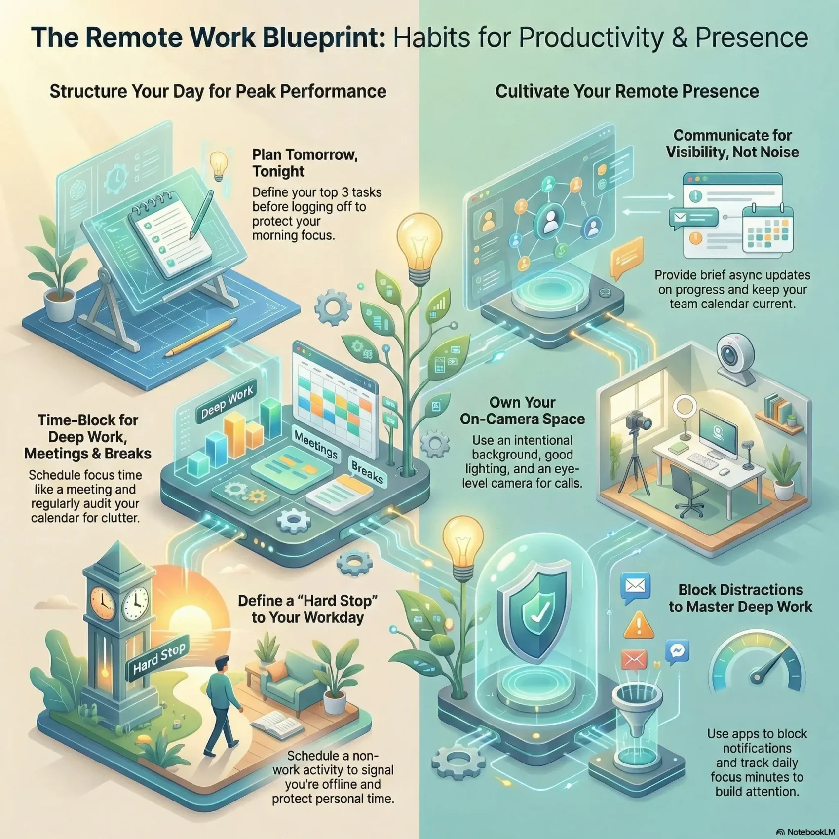SmartKeys infographic titled "The Remote Work Blueprint: Habits for Productivity & Presence." It offers tips for structuring the day, such as time-blocking deep work and setting hard stops, alongside strategies for remote presence like optimizing on-camera workspaces and blocking distractions to master focus.