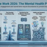 Infographic on remote work and mental health in 2026 by SmartKeys illustrating the engagement paradox, loneliness gap between generations, commute time benefits, and hybrid work protections.
