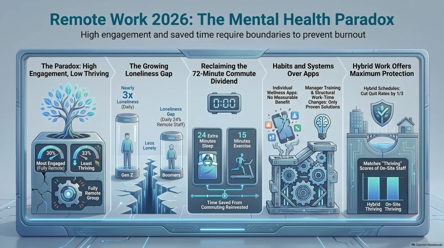 Infographic on remote work and mental health in 2026 by SmartKeys illustrating the engagement paradox, loneliness gap between generations, commute time benefits, and hybrid work protections.