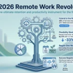 The Rise of Remote Work: How It Changed the Workplace Infographic detailing the 2026 remote work revolution, including hybrid schedule statistics, reduced employee quit rates, commute time savings, and asynchronous collaboration tools.