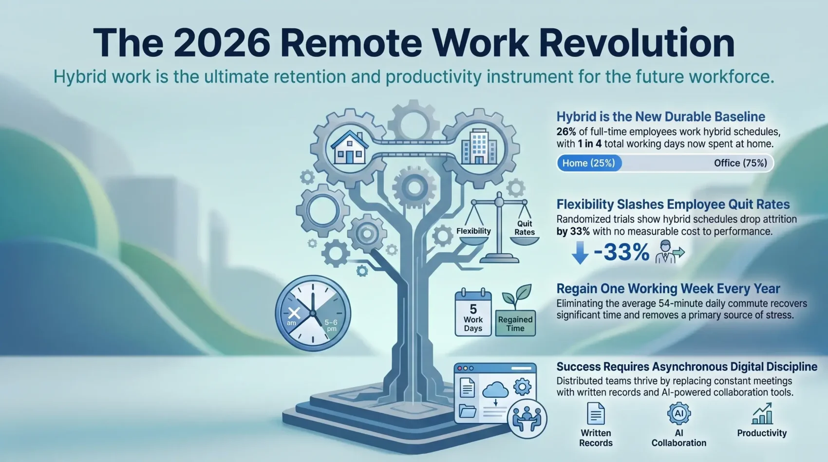 Infographic detailing the 2026 remote work revolution, including hybrid schedule statistics, reduced employee quit rates, commute time savings, and asynchronous collaboration tools.