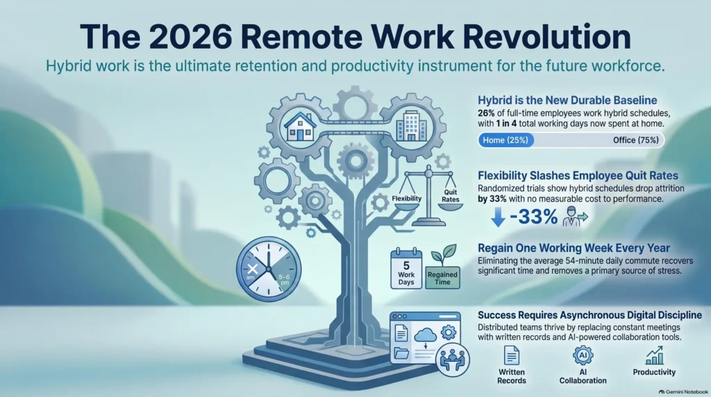 Infographic detailing the 2026 remote work revolution, including hybrid schedule statistics, reduced employee quit rates, commute time savings, and asynchronous collaboration tools.