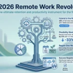 The Rise of Remote Work: How It Changed the Workplace Infographic detailing the 2026 remote work revolution, including hybrid schedule statistics, reduced employee quit rates, commute time savings, and asynchronous collaboration tools.