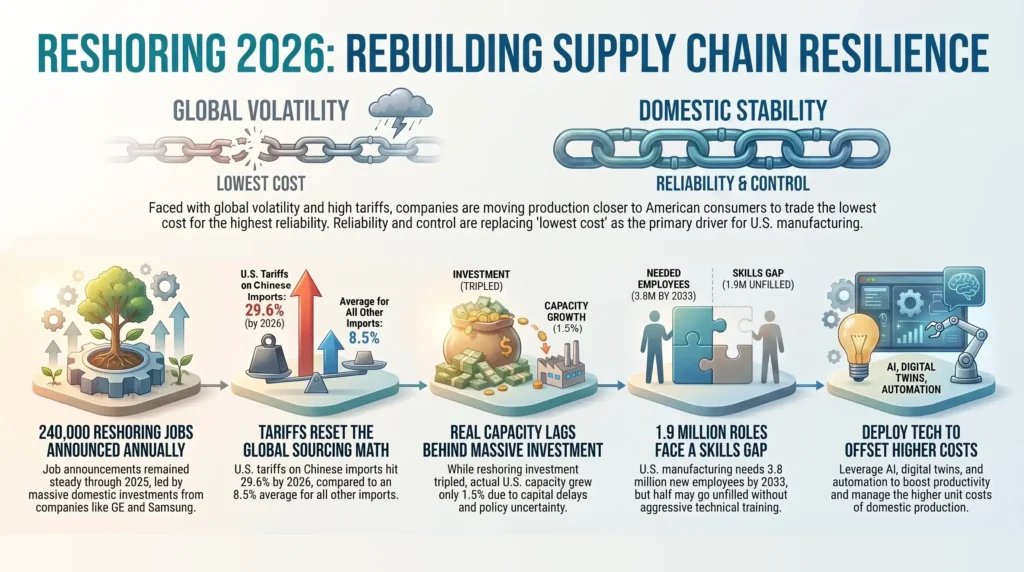 SmartKeys infographic on reshoring in 2026: job announcements, import tariffs, slow capacity growth and factory automation.