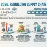 Reshoring and Nearshoring 2026: Rebuilding Resilient Manufacturing SmartKeys infographic on reshoring in 2026: job announcements, import tariffs, slow capacity growth and factory automation.