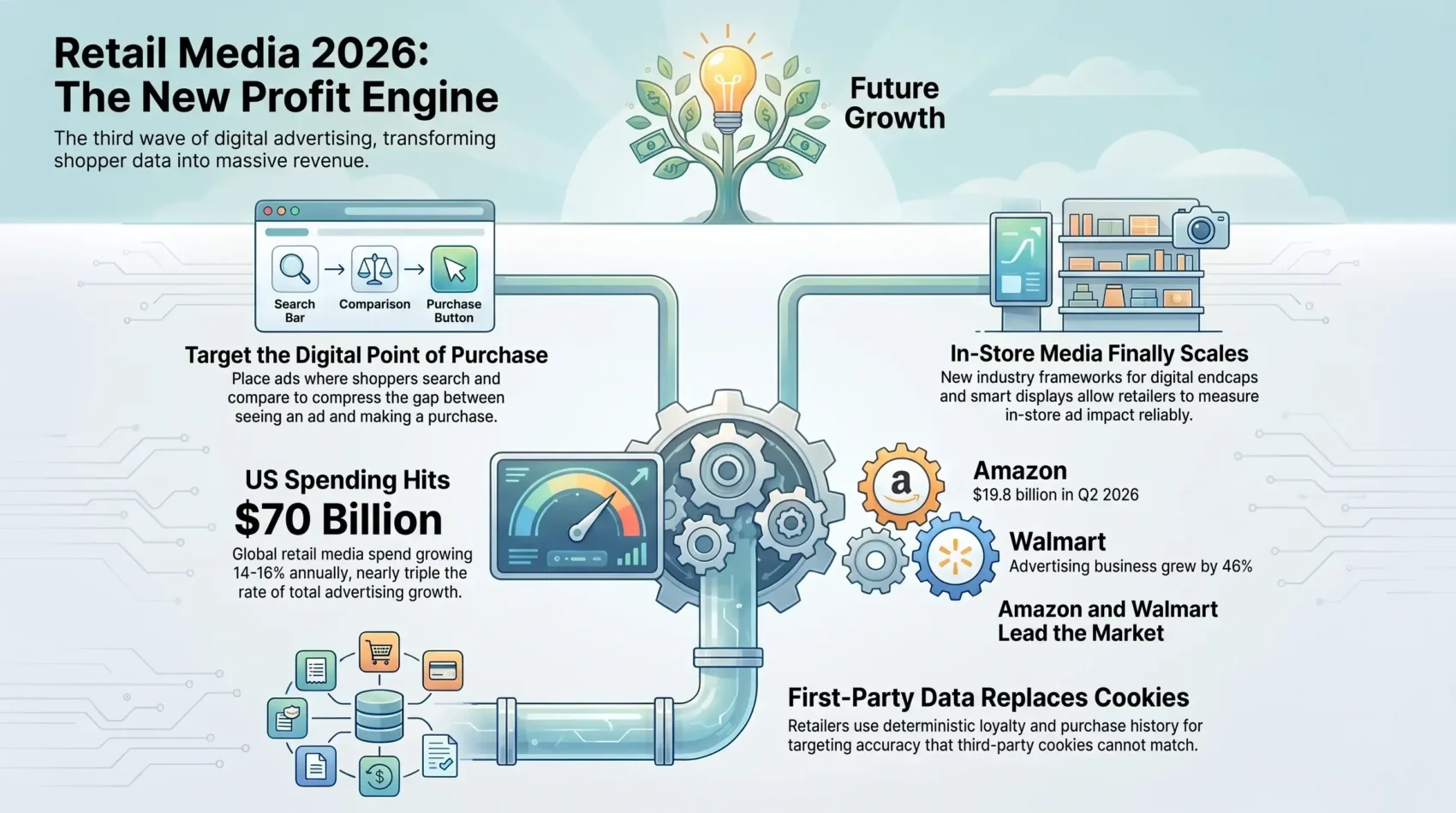 SmartKeys infographic on retail media in 2026: point-of-purchase ads, US spend growth and first-party data targeting.
