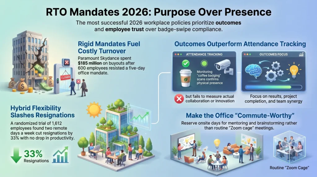 RTO Mandates 2026 infographic contrasting outcome-based hybrid models with badge-swipe attendance policies