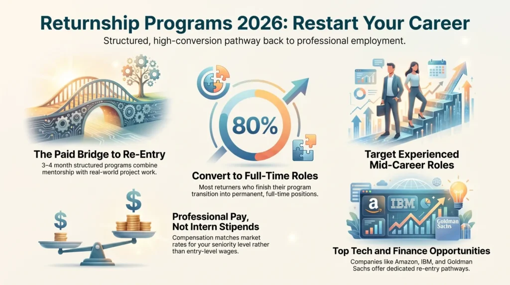 Career development infographic outlining the benefits of 2026 returnship programs, paid re-entry pathways, and conversion rates for mid-career roles.