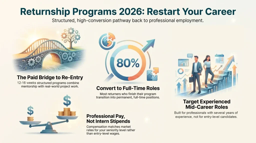 Career development infographic outlining the benefits of 2026 returnship programs, paid re-entry pathways, and conversion rates for mid-career roles.