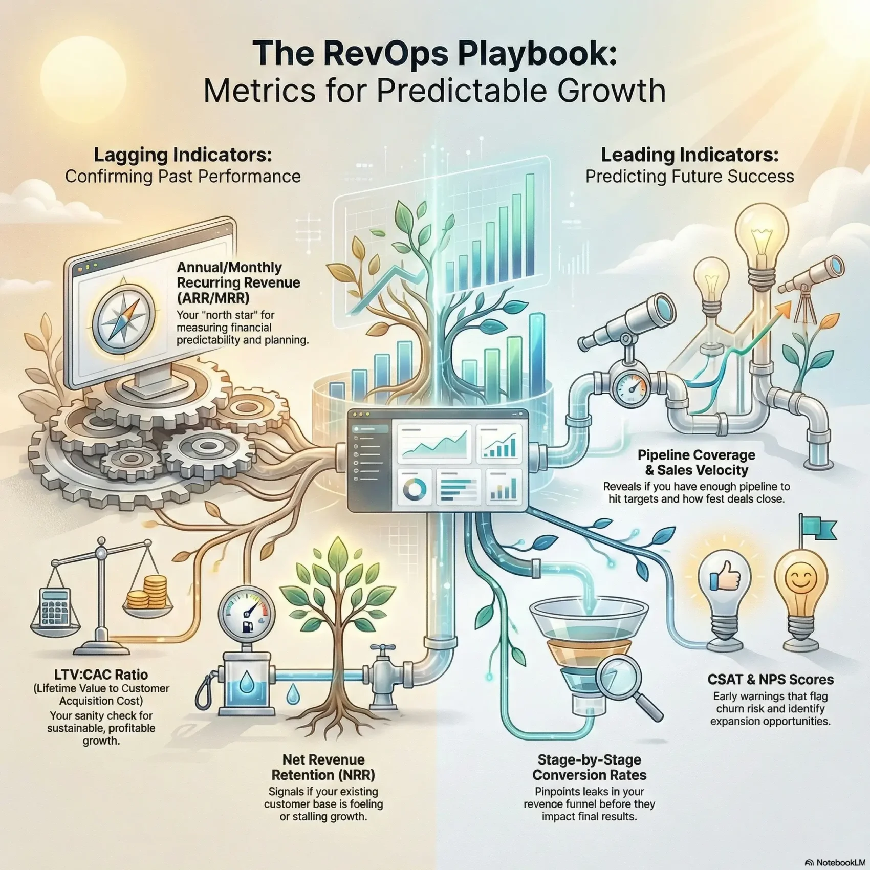 SmartKeys infographic titled "The RevOps Playbook: Metrics for Predictable Growth." It illustrates a mechanical tree structure connecting lagging indicators like ARR/MRR and LTV:CAC with leading indicators like Pipeline Coverage and Sales Velocity to align sales, marketing, and operations.