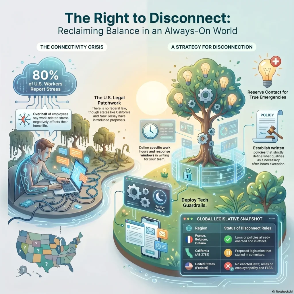 SmartKeys infographic about the right to disconnect, visualizing the workplace connectivity crisis, a global legislative snapshot, and strategies for establishing after-hours boundaries and tech guardrails.