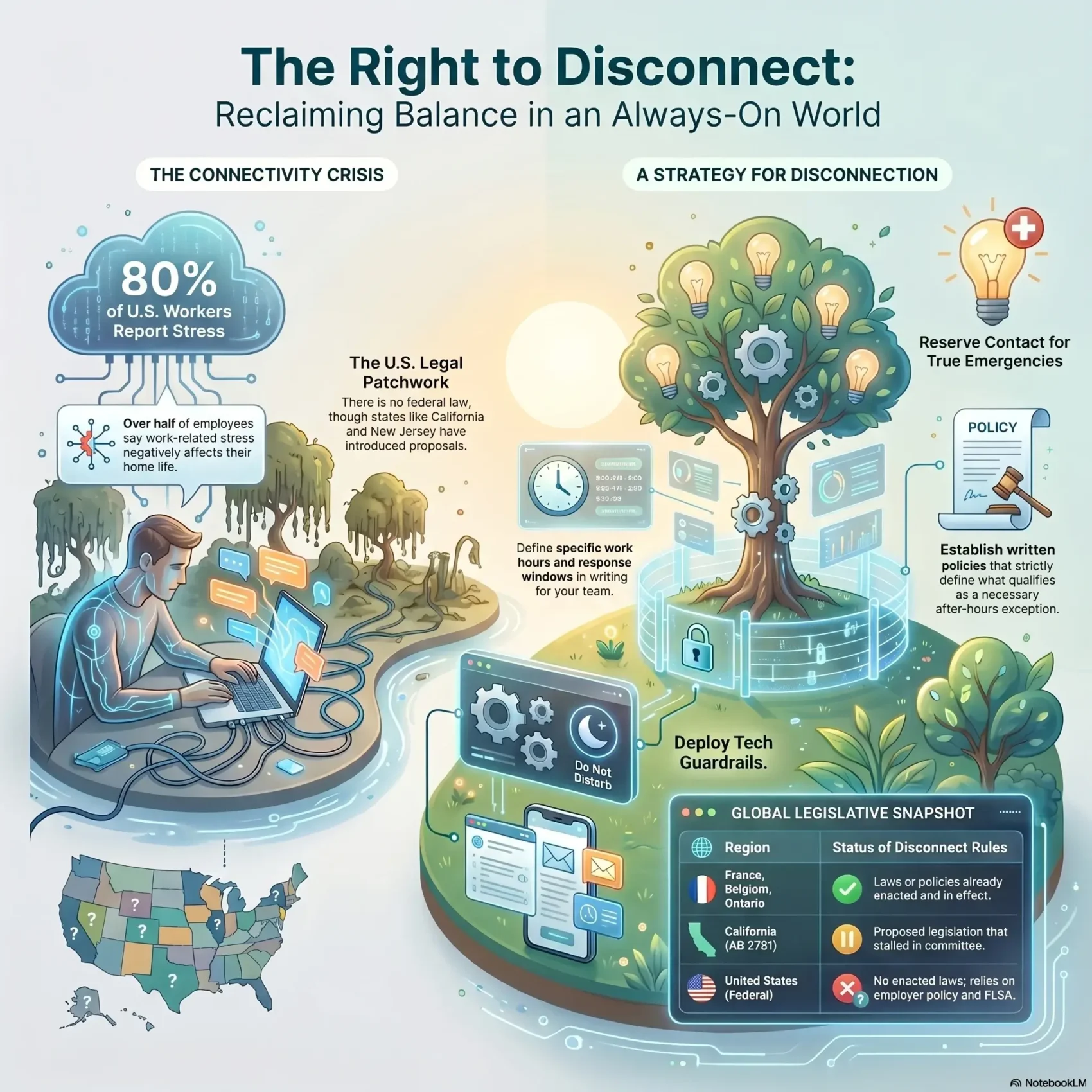 SmartKeys infographic about the right to disconnect, visualizing the workplace connectivity crisis, a global legislative snapshot, and strategies for establishing after-hours boundaries and tech guardrails.