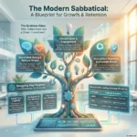 Sabbatical Policy: Encouraging Mid-Career Breaks to Boost Long-Term Performance SmartKeys infographic on "The Modern Sabbatical: A Blueprint for Growth & Retention." It visualizes the business case for mid-career breaks, outlining benefits like elevated skills and reduced stress, and provides a guide for designing a policy with benchmarks from companies like Adobe and Intel.