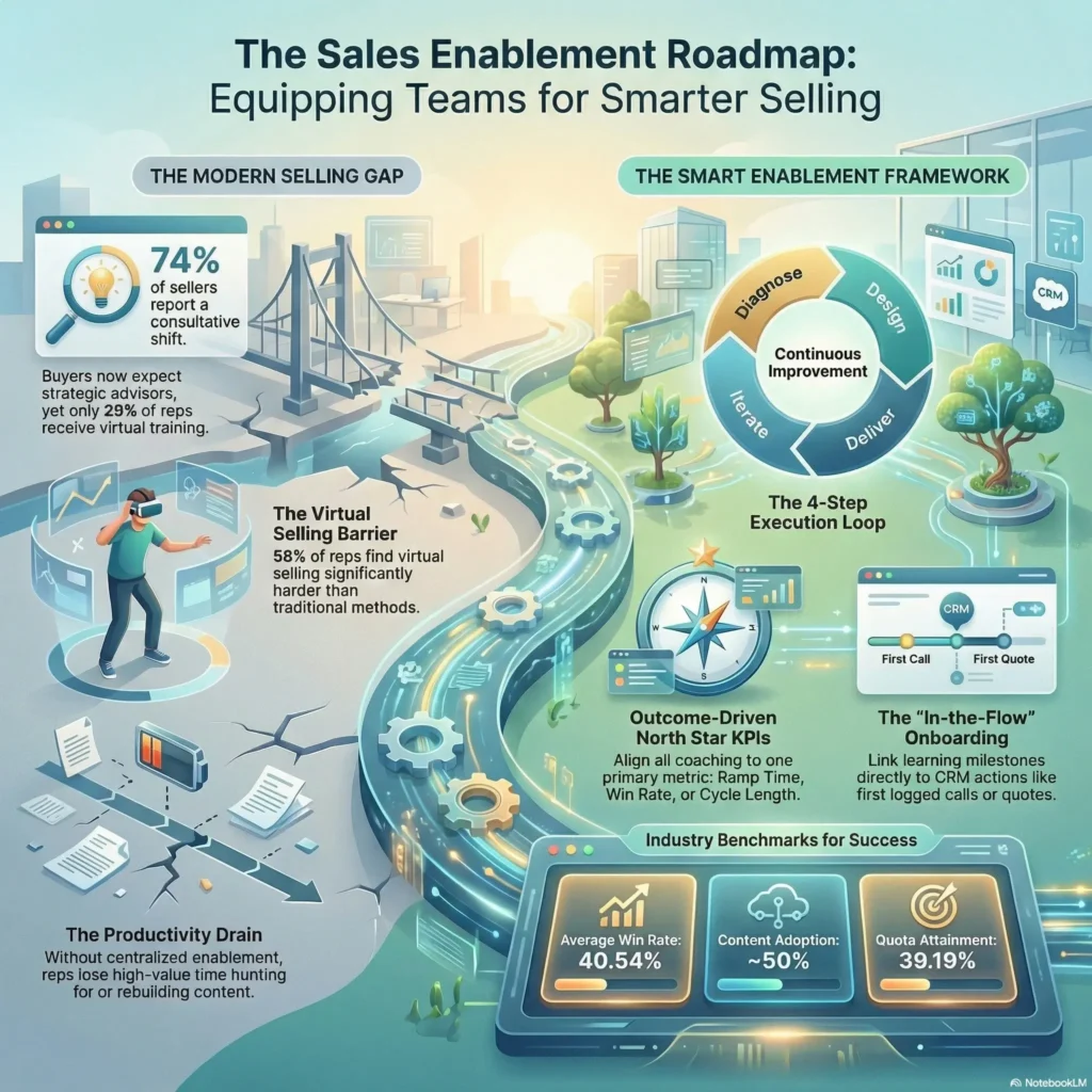 SmartKeys infographic outlining the Sales Enablement Roadmap, demonstrating how to bridge the modern selling gap and equip teams for smarter selling.