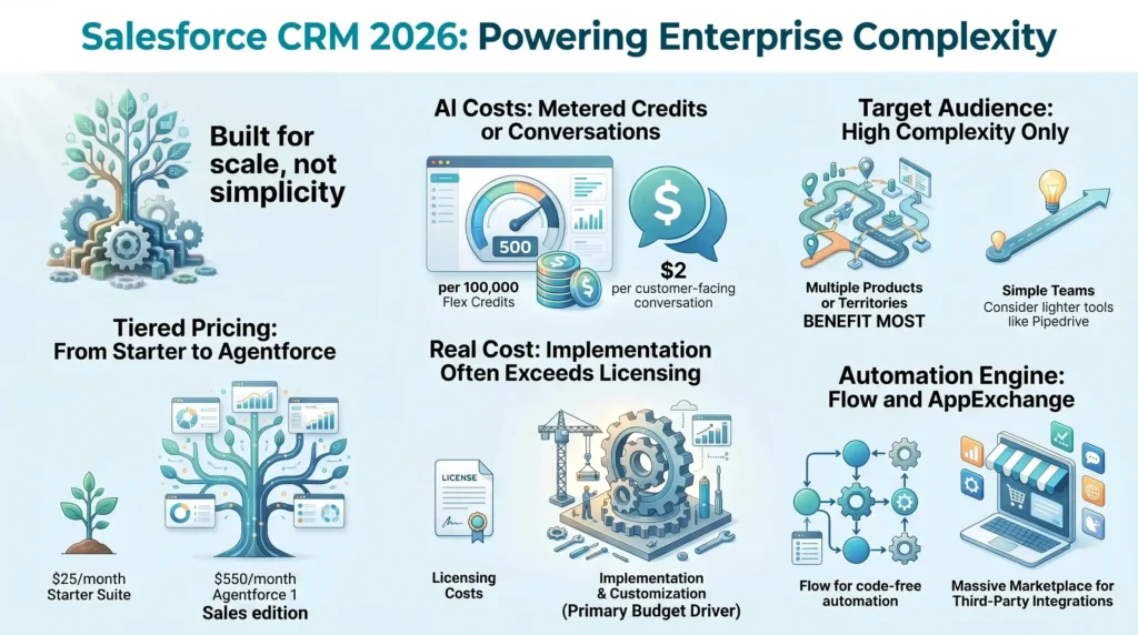 Infographic analysis of Salesforce CRM in 2026 covering enterprise scalability, tiered pricing from Starter to Agentforce, implementation costs, AI consumption billing, and workflow automation.