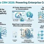 Salesforce CRM Review 2026: Pricing, Features and Verdict Infographic analysis of Salesforce CRM in 2026 covering enterprise scalability, tiered pricing from Starter to Agentforce, implementation costs, AI consumption billing, and workflow automation.