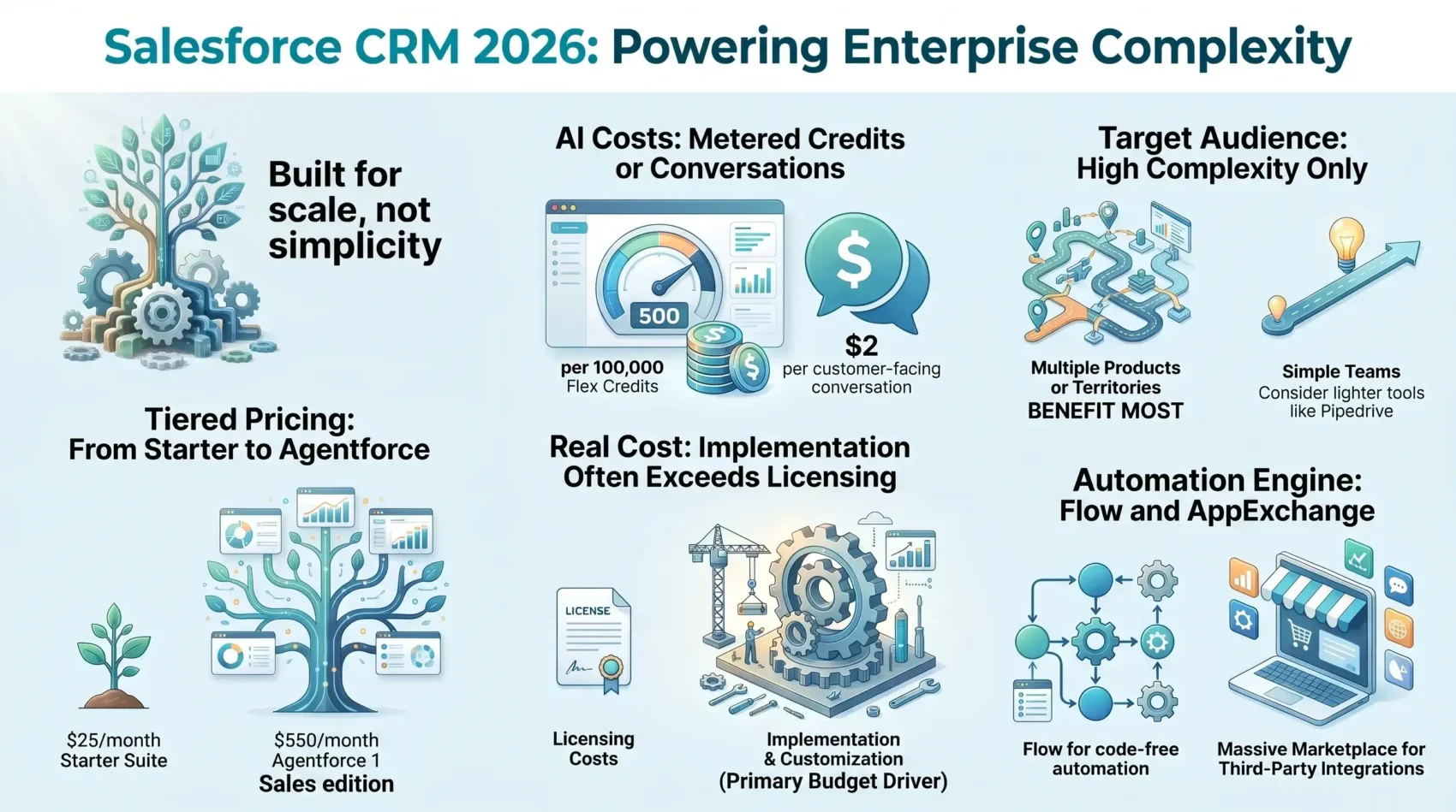 Infographic analysis of Salesforce CRM in 2026 covering enterprise scalability, tiered pricing from Starter to Agentforce, implementation costs, AI consumption billing, and workflow automation.
