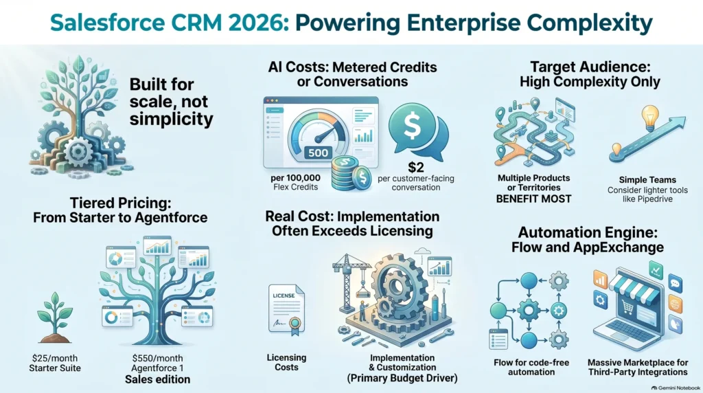 Infographic analysis of Salesforce CRM in 2026 covering enterprise scalability, tiered pricing from Starter to Agentforce, implementation costs, AI consumption billing, and workflow automation.