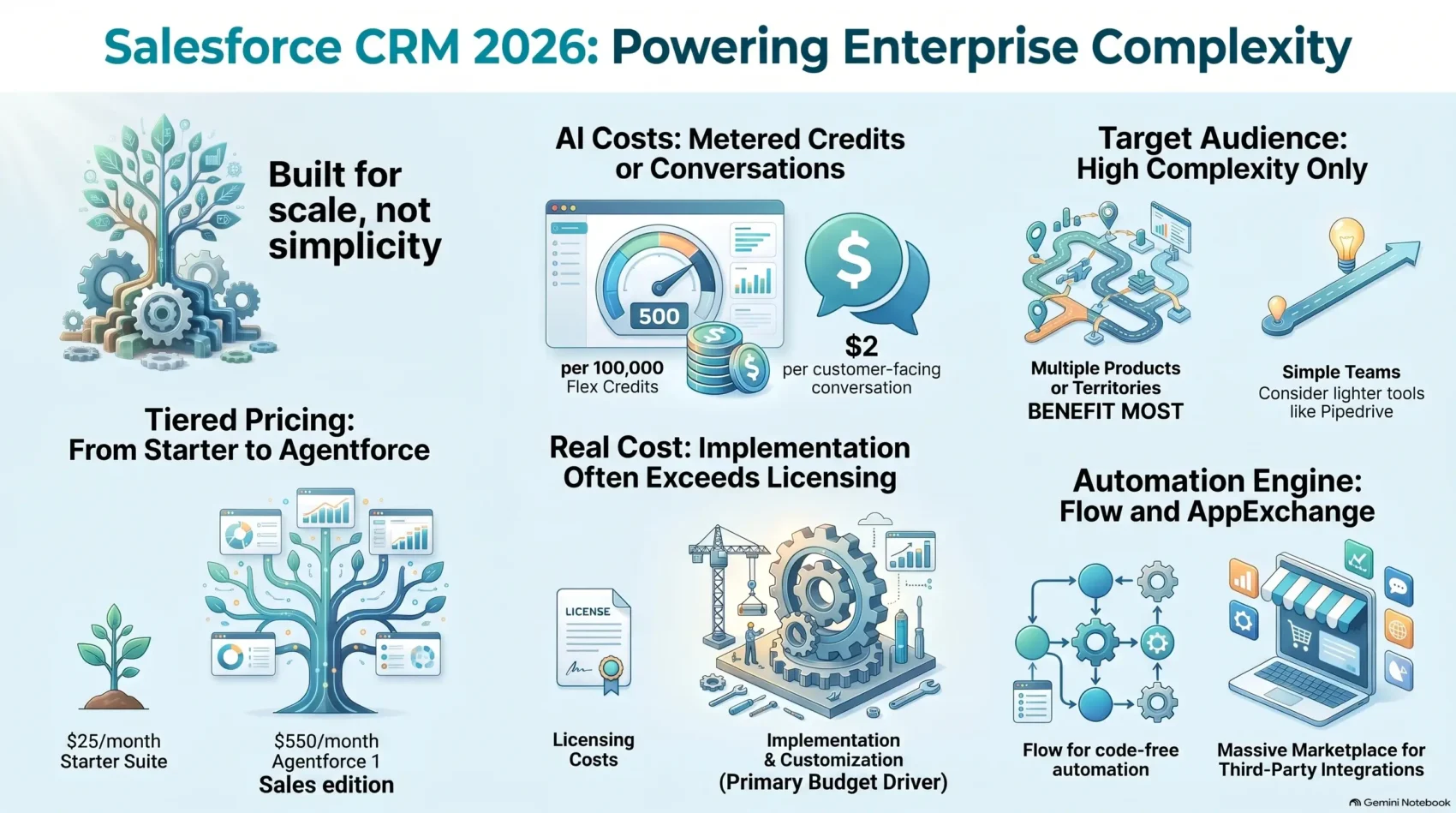 Infographic analysis of Salesforce CRM in 2026 covering enterprise scalability, tiered pricing from Starter to Agentforce, implementation costs, AI consumption billing, and workflow automation.