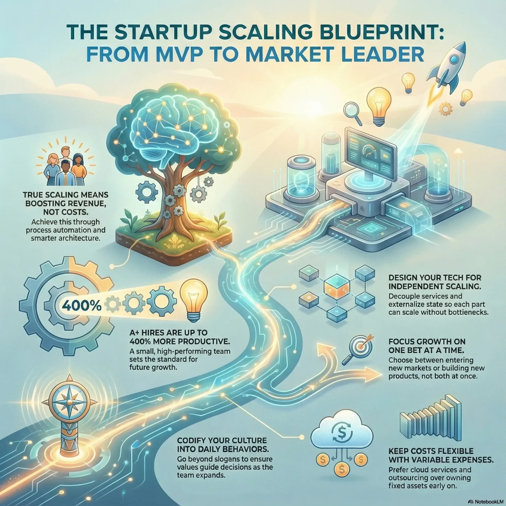SmartKeys infographic: The Startup Scaling Blueprint outlining strategies to move from MVP to market leader through process automation, smart tech architecture, and high-performance hiring.