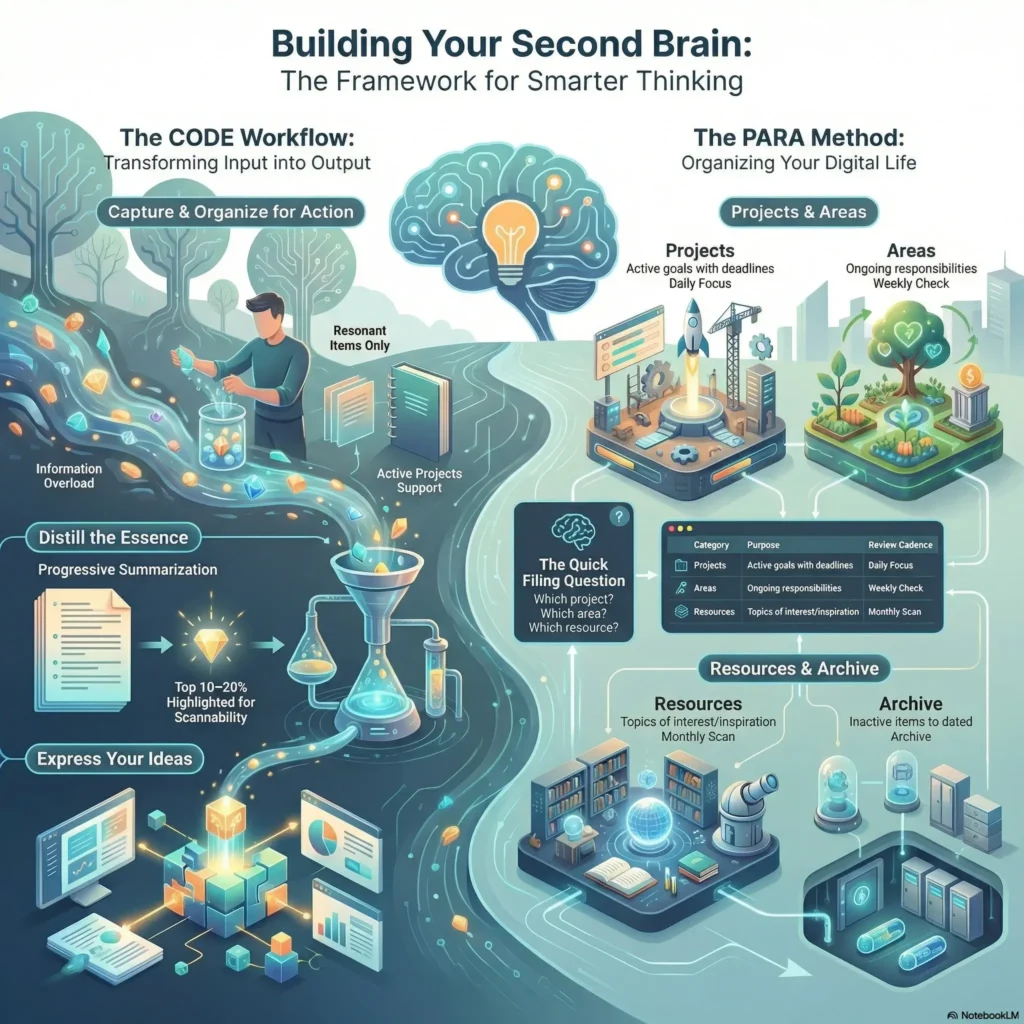 SmartKeys infographic explaining the Second Brain organization framework, featuring the CODE workflow and PARA method for smarter thinking and knowledge management.