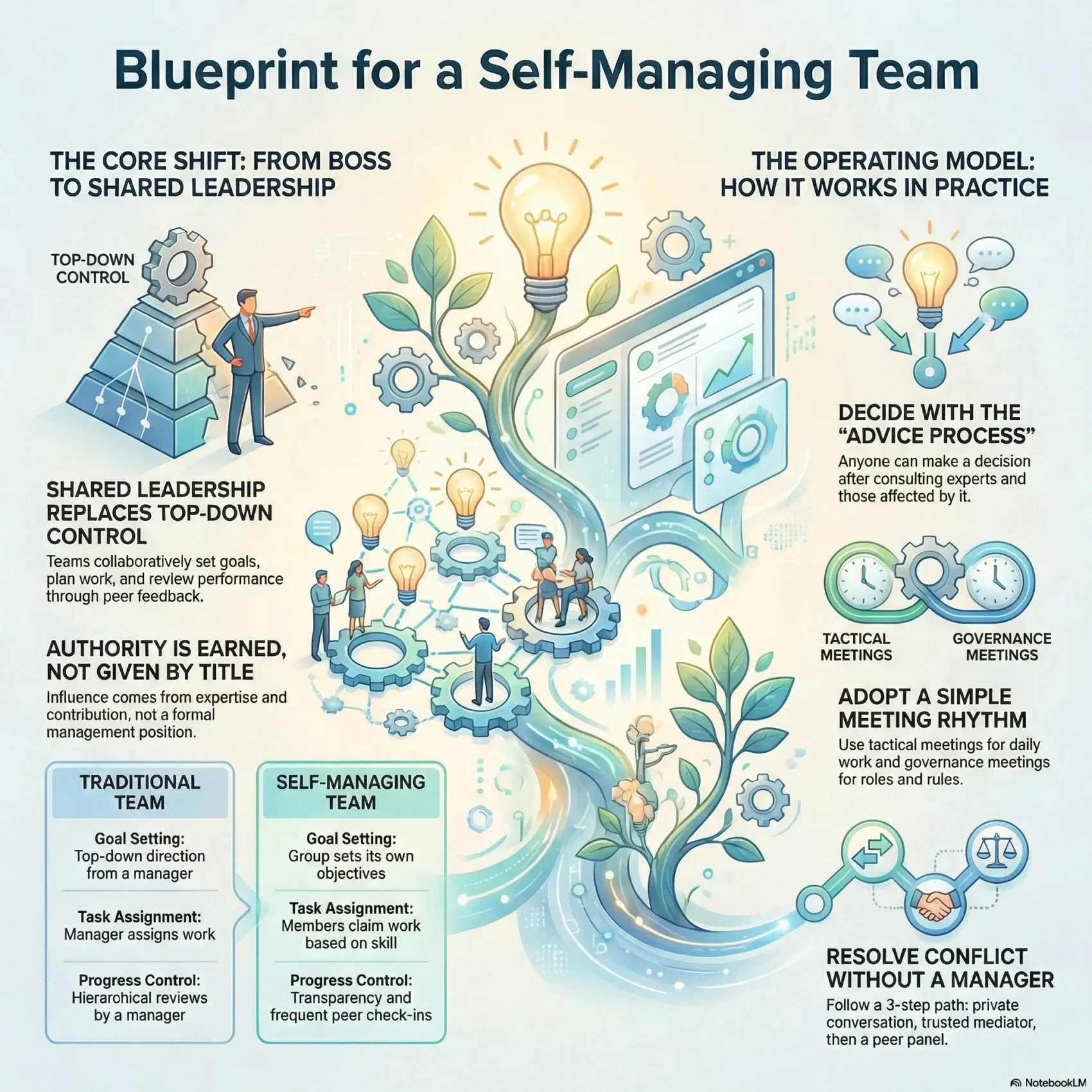 SmartKeys infographic titled "Blueprint for a Self-Managing Team." It details the shift from top-down control to shared leadership, explaining key operating models like the "advice process" for decision-making, specific meeting rhythms for governance, and a conflict resolution path designed for agile, manager-free workplaces.