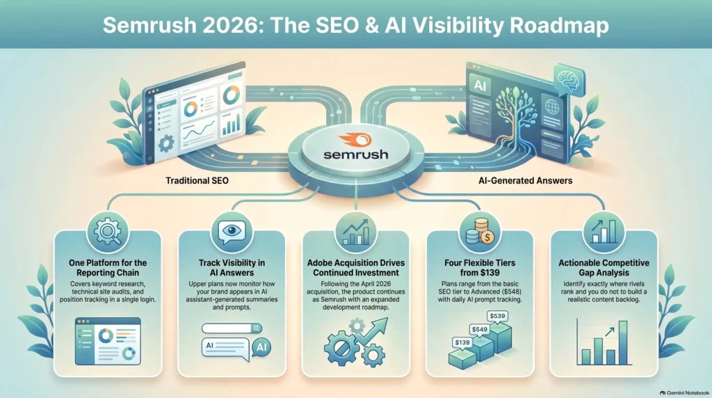 Semrush 2026 review infographic by SmartKeys mapping traditional SEO workflows, AI-generated answer visibility tracking, pricing tiers, and competitive gap analysis features.
