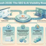 Semrush Review 2026: Pricing, Features and Verdict Semrush 2026 review infographic by SmartKeys mapping traditional SEO workflows, AI-generated answer visibility tracking, pricing tiers, and competitive gap analysis features.
