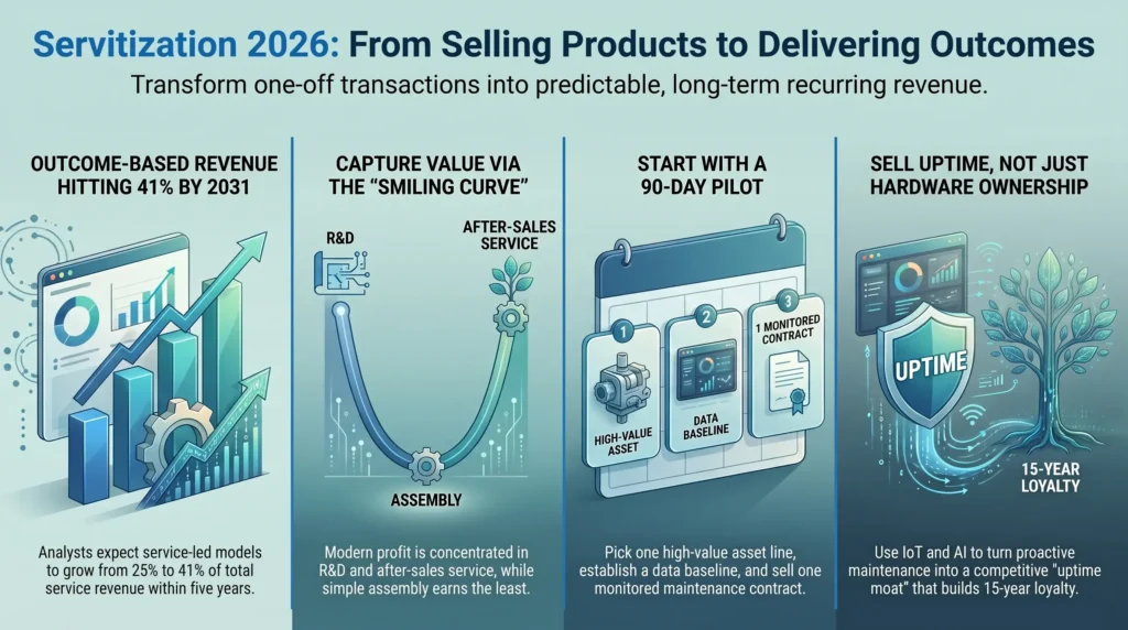 Servitization 2026 business model infographic explaining the shift from selling products to delivering outcome-based services and predictive maintenance.