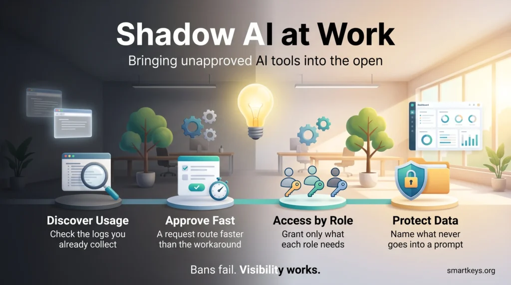 Infographic on managing shadow AI at work in four steps: discover usage, approve fast, grant access by role and protect data.
