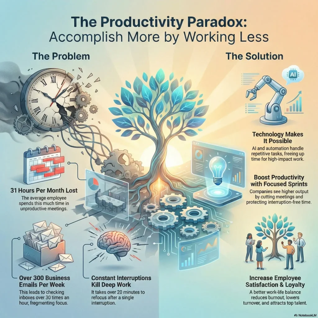 Visual guide titled The Productivity Paradox, explaining how shorter workdays, AI automation, and focused sprints lead to higher output and employee satisfaction.