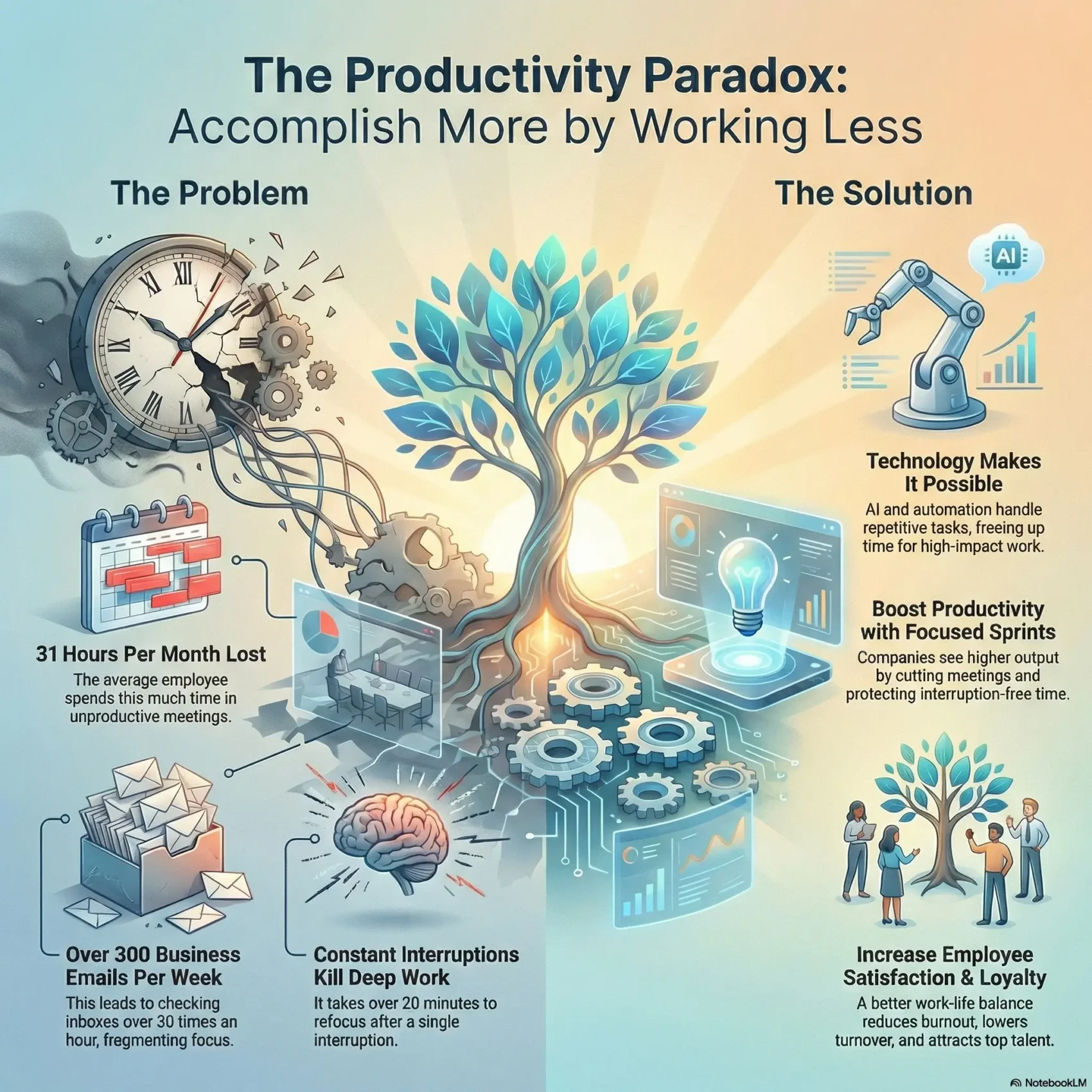 Visual guide titled The Productivity Paradox, explaining how shorter workdays, AI automation, and focused sprints lead to higher output and employee satisfaction.
