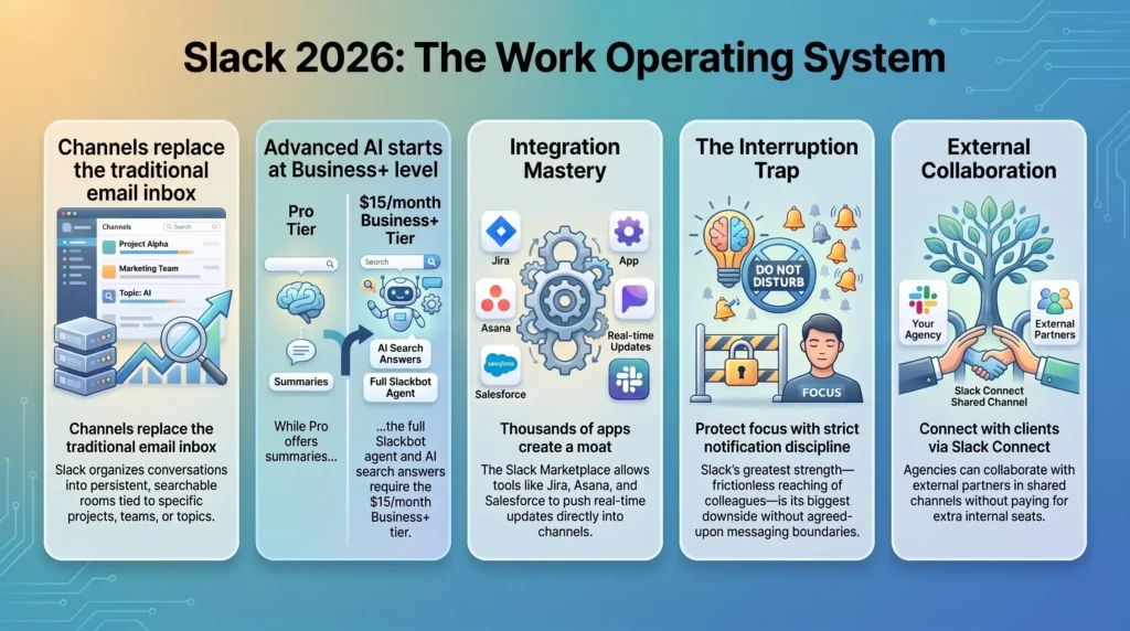 Infographic reviewing Slack features in 2026, highlighting channel organization, AI tier pricing, app integrations, focus management, and Slack Connect collaboration.
