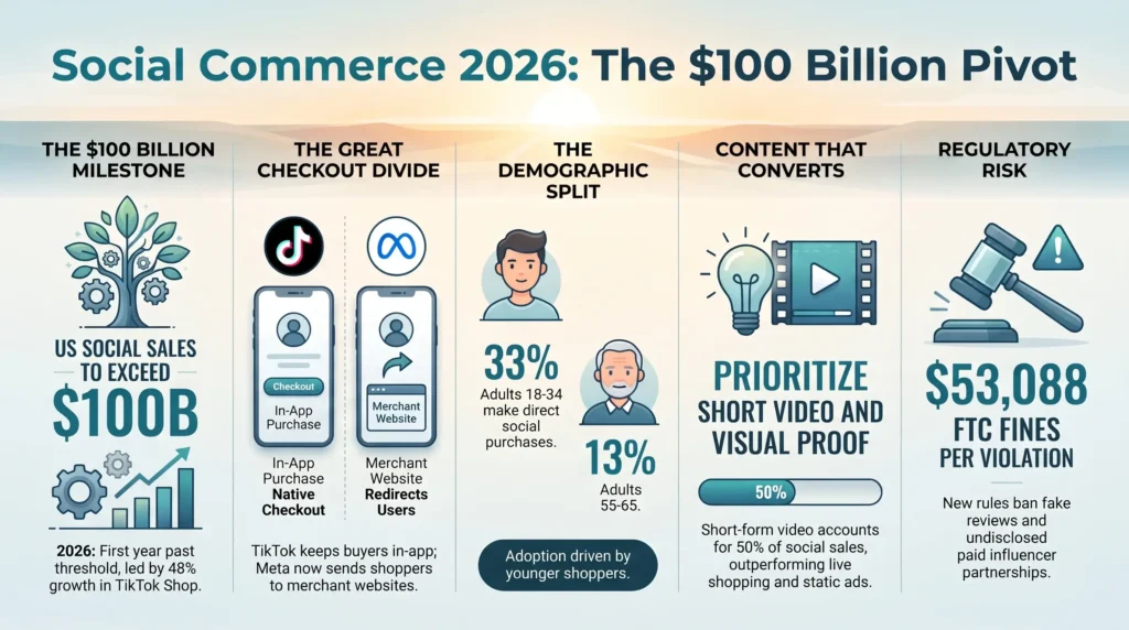 Infographic titled Social Commerce 2026: The $100 Billion Pivot detailing the evolution of in-app shopping and e-commerce trends. It illustrates US social sales surpassing $100 billion, the checkout divide between TikTok native purchases and Meta website redirects, demographic adoption splits, the dominance of short-form video content driving 50% of sales, and regulatory compliance risks with FTC fines for undisclosed sponsorships.