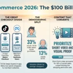 Social Commerce in 2026: What Actually Works in Online Retail Infographic titled Social Commerce 2026: The $100 Billion Pivot detailing the evolution of in-app shopping and e-commerce trends. It illustrates US social sales surpassing $100 billion, the checkout divide between TikTok native purchases and Meta website redirects, demographic adoption splits, the dominance of short-form video content driving 50% of sales, and regulatory compliance risks with FTC fines for undisclosed sponsorships.