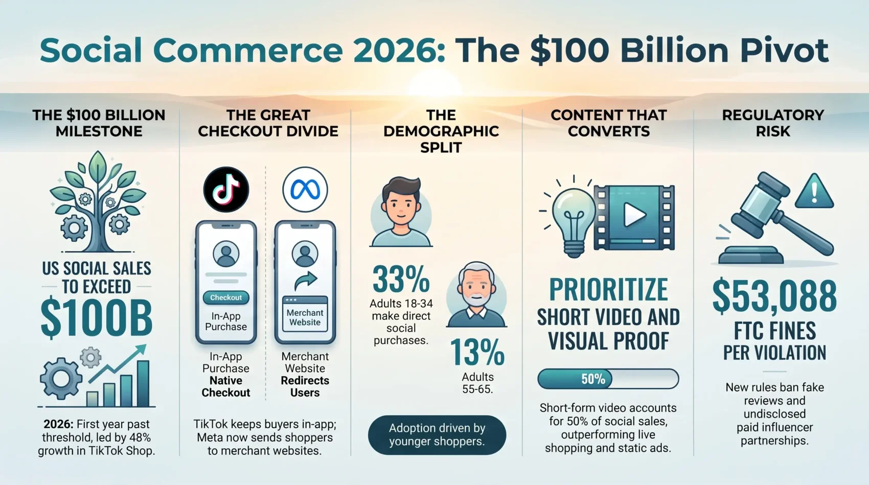 Infographic titled Social Commerce 2026: The $100 Billion Pivot detailing the evolution of in-app shopping and e-commerce trends. It illustrates US social sales surpassing $100 billion, the checkout divide between TikTok native purchases and Meta website redirects, demographic adoption splits, the dominance of short-form video content driving 50% of sales, and regulatory compliance risks with FTC fines for undisclosed sponsorships.