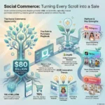 Social Commerce: The Intersection of Shopping and Social Media SmartKeys infographic exploring the social commerce landscape, highlighting an $80 billion market projection by 2028, native in-app checkouts, and key platform strengths for Instagram, TikTok, and Pinterest.