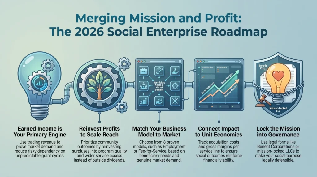 Infographic outlining the 2026 social enterprise roadmap for merging mission and profit, covering earned income models, profit reinvestment, unit economics, and legal governance.
