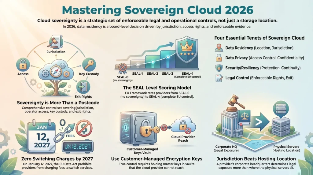 SmartKeys infographic on sovereign cloud: four tenets of sovereignty, SEAL levels and customer-held keys