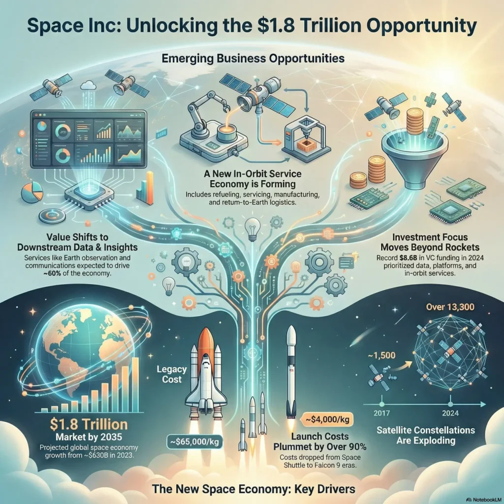 SmartKeys infographic on "Space Inc: Unlocking the $1.8 Trillion Opportunity." It visualizes the drivers of the new space economy, including the drop in launch costs, the rise of the in-orbit service economy, and the shift of value to downstream data and insights.