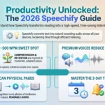 Infographic highlighting Speechify productivity tips, optimal 200 to 500 WPM reading speeds, neural AI voices, and OCR document scanning.