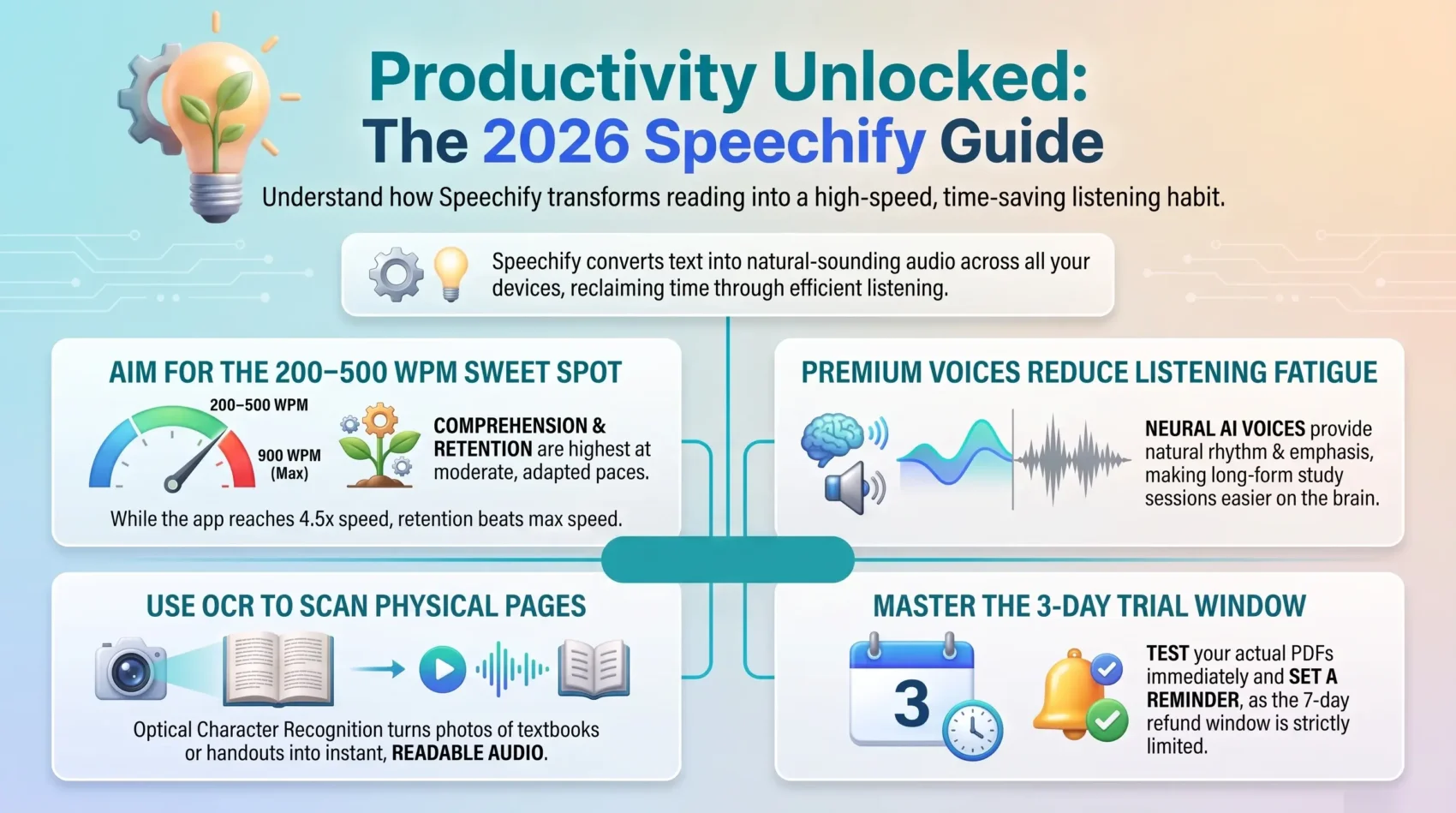 Infographic highlighting Speechify productivity tips, optimal 200 to 500 WPM reading speeds, neural AI voices, and OCR document scanning.