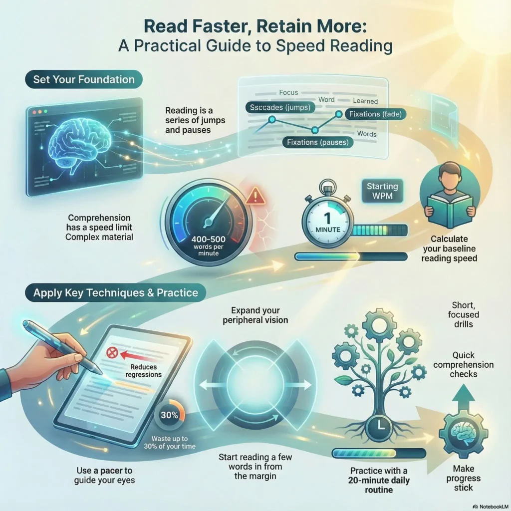 SmartKeys Infographic on Speed Reading Techniques: A practical guide to reading faster and retaining more, covering foundation concepts like fixations and saccades, calculating baseline WPM, and drills to expand peripheral vision.