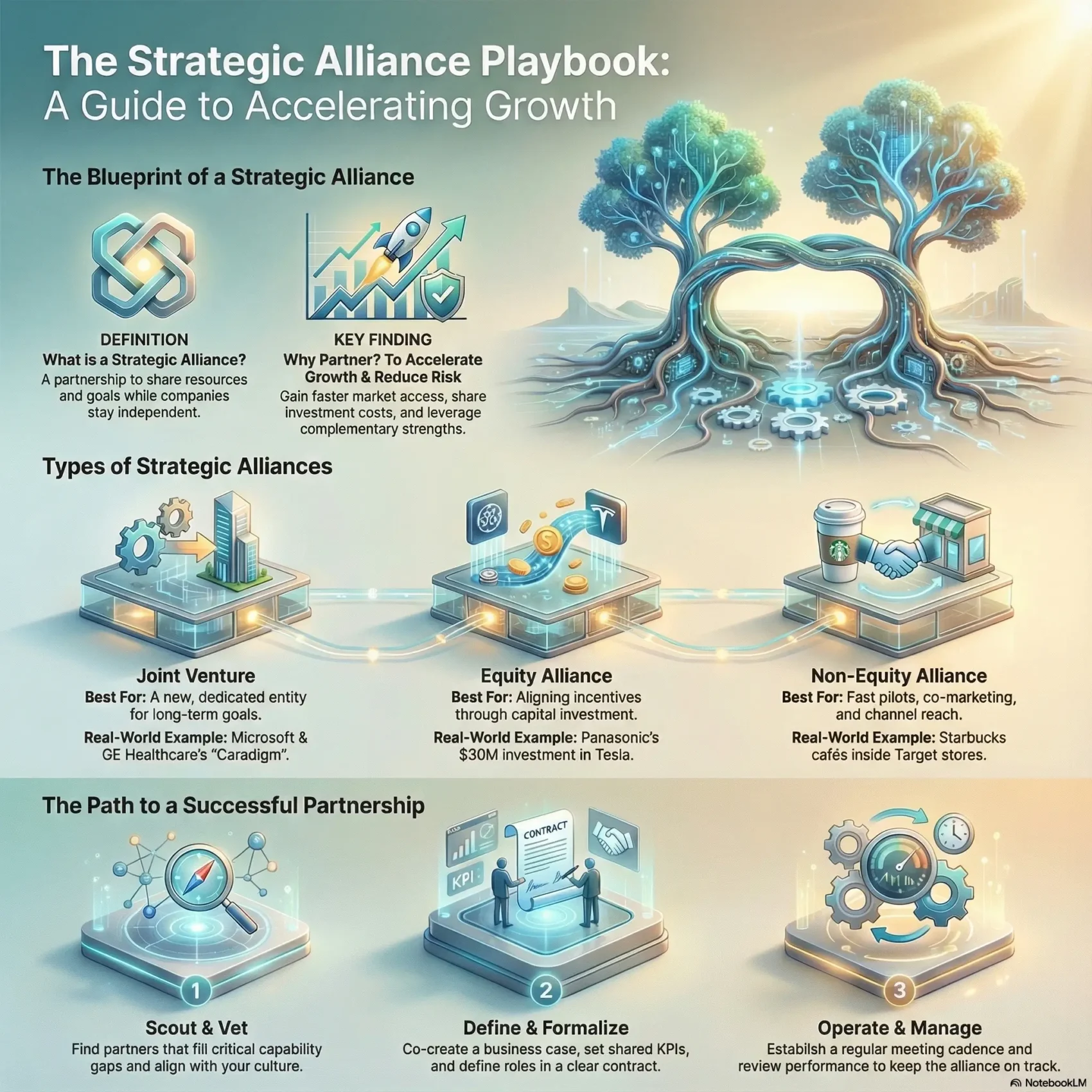 SmartKeys infographic titled The Strategic Alliance Playbook: A Guide to Accelerating Growth. The graphic details the definition of strategic alliances, compares types of partnerships (Joint Venture, Equity, and Non-Equity), and outlines the three steps to building a successful business partnership.