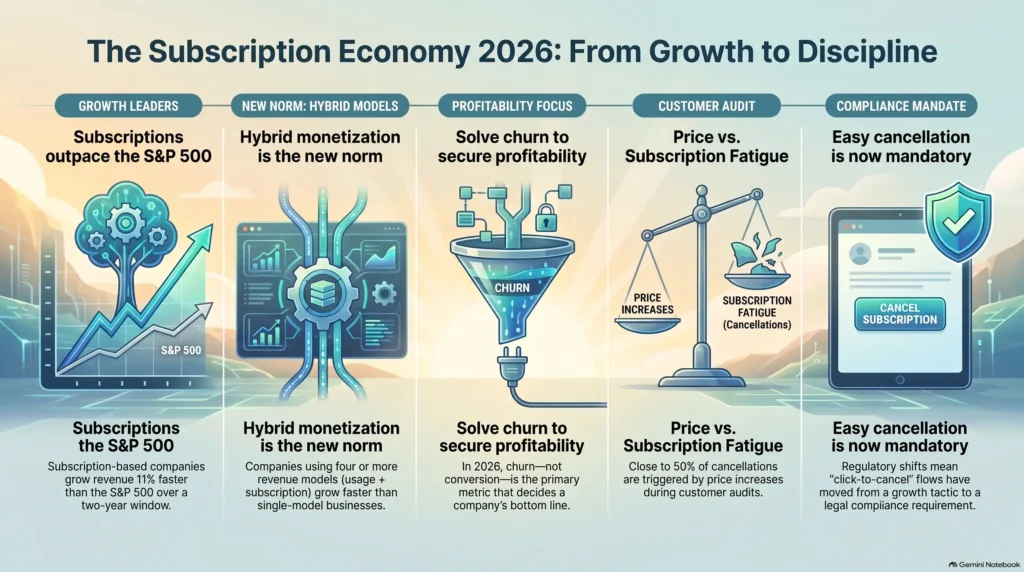 Infographic detailing trends in the 2026 subscription economy, focusing on hybrid monetization models, churn reduction, pricing strategies, and mandatory click-to-cancel compliance.