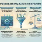 Infographic detailing trends in the 2026 subscription economy, focusing on hybrid monetization models, churn reduction, pricing strategies, and mandatory click-to-cancel compliance.