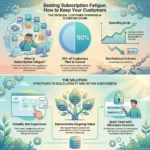 SmartKeys infographic on beating subscription fatigue, visualizing customer churn statistics and strategies to build loyalty through simplified experiences and value demonstration.
